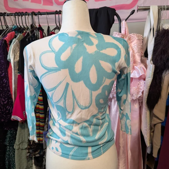 *Sold*Aqua Floral Long Sleeve Women's Top - Picture 3 of 4